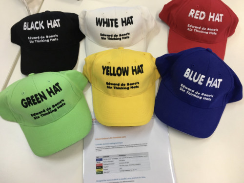 This is an image of six thinking hats for team collaboration