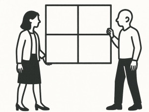 This is an image of a woman and man looking through the Johari Window